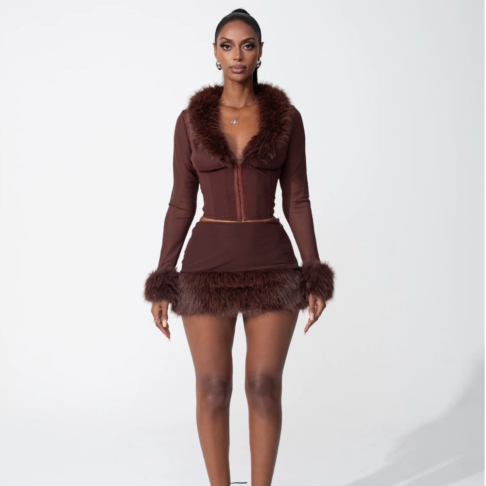 Brown Faux Fur Trim Two-Piece Set